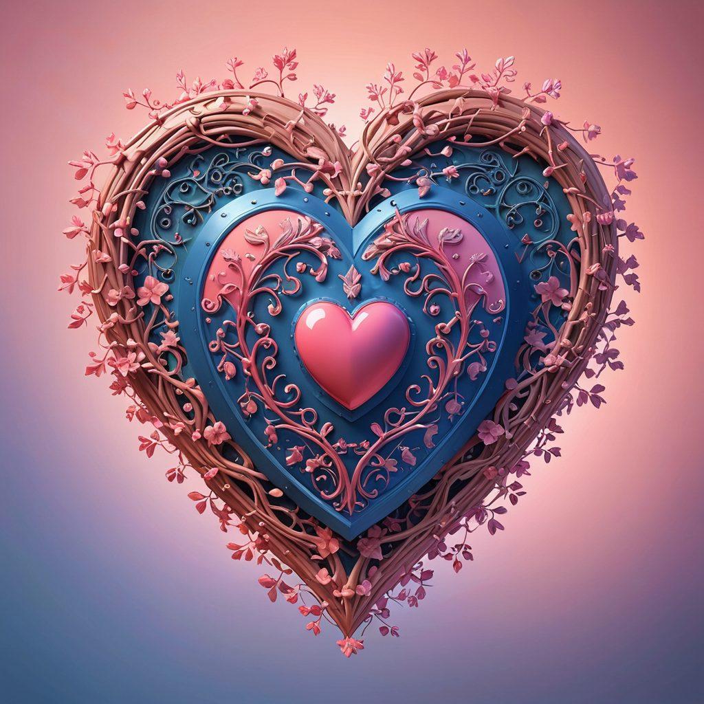 A heart-shaped shield symbolizing love and protection, surrounded by intertwined vines of emotional connections, with glowing hearts emerging from the shield. A soft blue and pink gradient background to evoke warmth and affection, enhancing the theme of love and security. Include subtle imagery of a house and family in the background to represent coverage. 3D effect. vibrant colors.