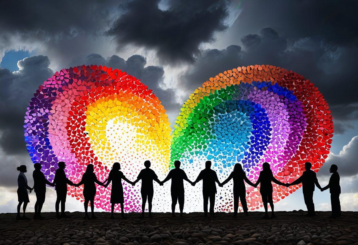 A visual metaphor depicting a diverse group of people building a bridge made of colorful hearts, symbolizing emotional bonds in risk management. In the background, a stormy sky contrasts with the warm connections of the people, showcasing the unseen benefits of affection amidst challenges. The scene should convey unity, strength, and resilience. super-realistic. vibrant colors.