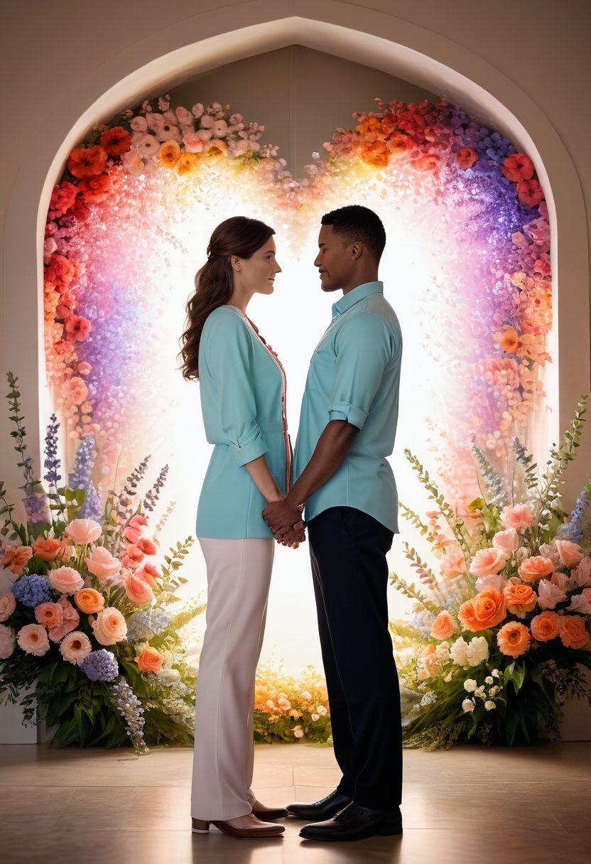 A romantic scene featuring a couple surrounded by heart-shaped symbols transforming into protective shields, symbolizing the transition from love to insurance protection. Soft pastel colors evoke warmth, while elements like flowers and digital contract icons merge to illustrate the essence of crafting personalized insurance plans. super-realistic. vibrant colors. soft background.